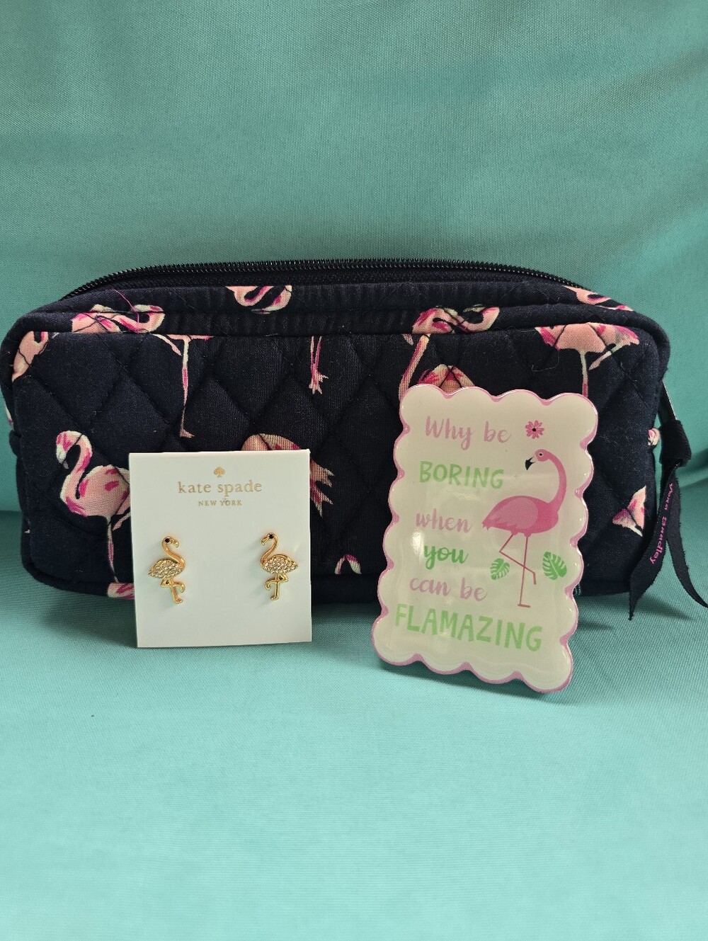 Kate Spade Gold Flamingo Stud Earrings & Vera Bradley Cosmestic Pouch